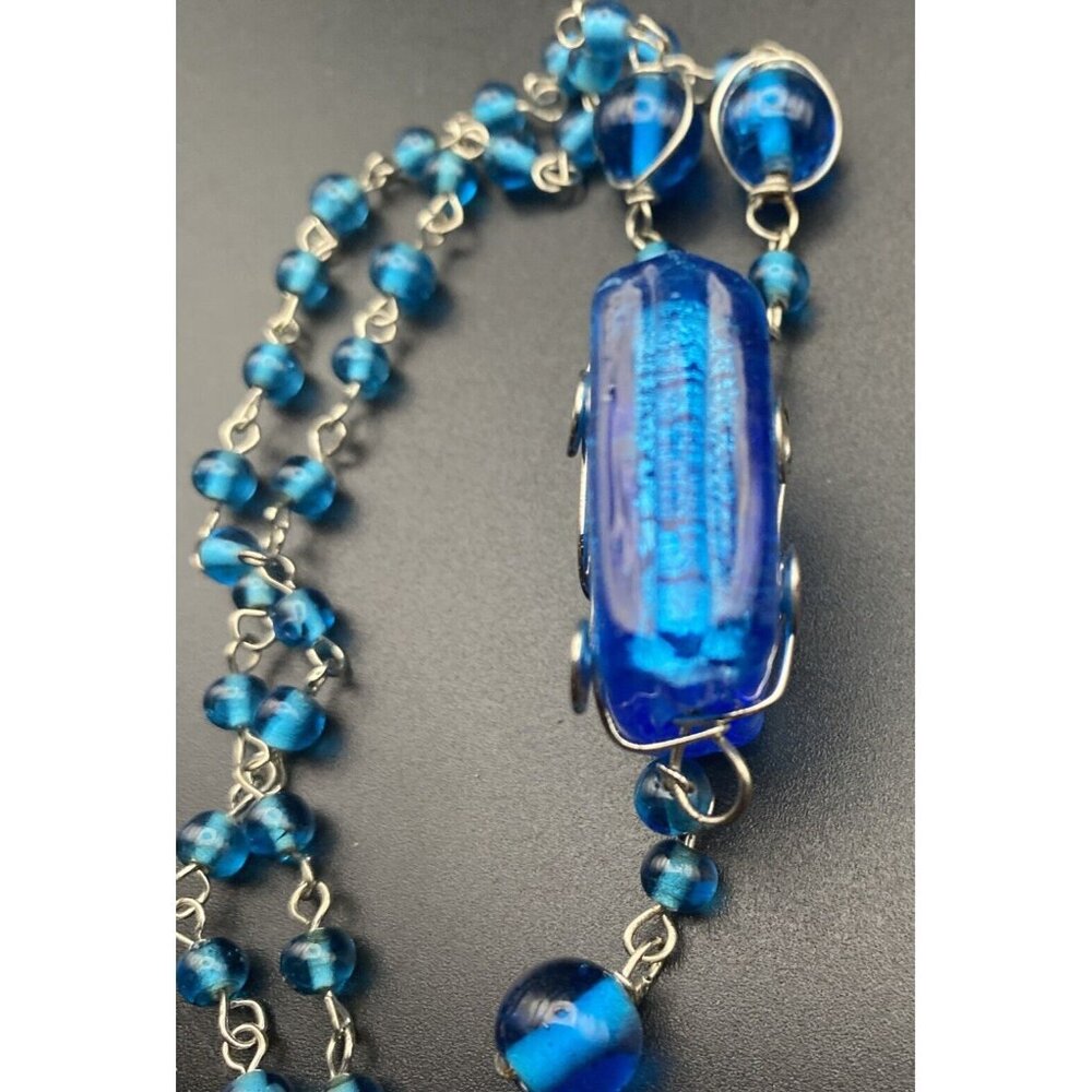 Chunky Necklace & Earrings Blue/Silver Foil Lined Rectangle Glass Bead Wire Wrap - Picture 7 of 9